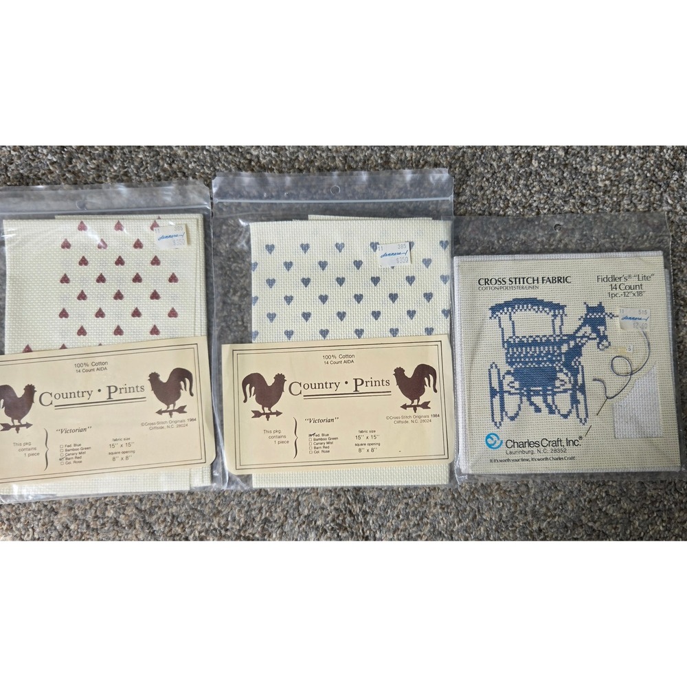 Vintage Cross Stitch Fabric Lot Country Print Hearts Charles Craft 14 Count Aida